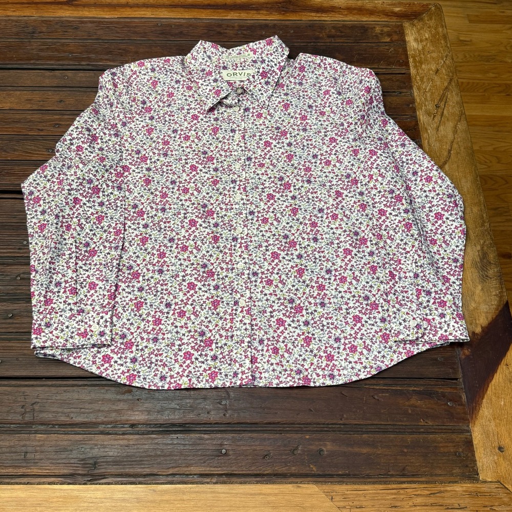 Orvis Womens Pink Purple Floral Cotton Wrinkle Resistant Button Down Shirt Sz 20